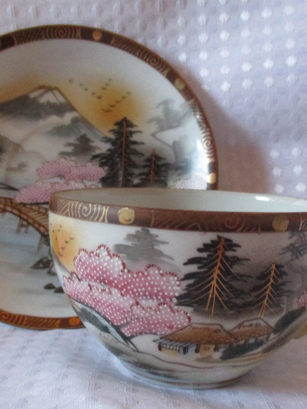 VTG Japan Kutani Style Hand Painted Porcelain Cup & Saucer Set Mt. Fuji  (CPO)